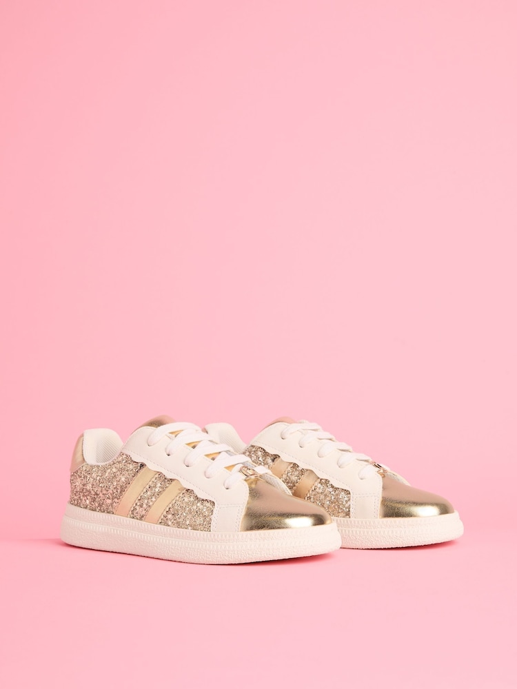 Lipsy Gold Slim Flat Sole Retro Lace Up Glitter Trainers - Image 2 of 5