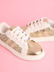 Lipsy Gold Slim Flat Sole Retro Lace Up Glitter Trainers - Image 3 of 5