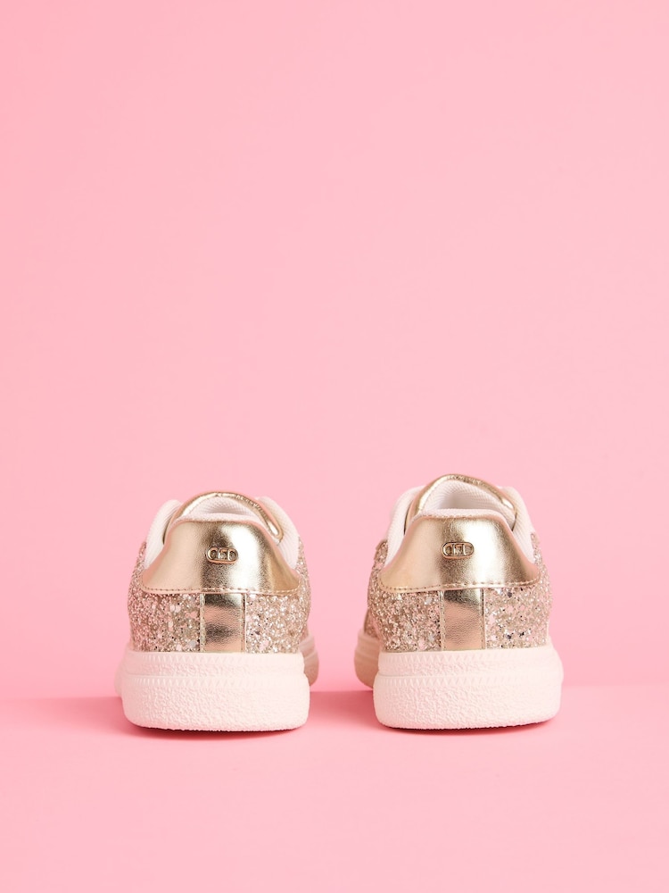 Lipsy Gold Slim Flat Sole Retro Lace Up Glitter Trainers - Image 4 of 5
