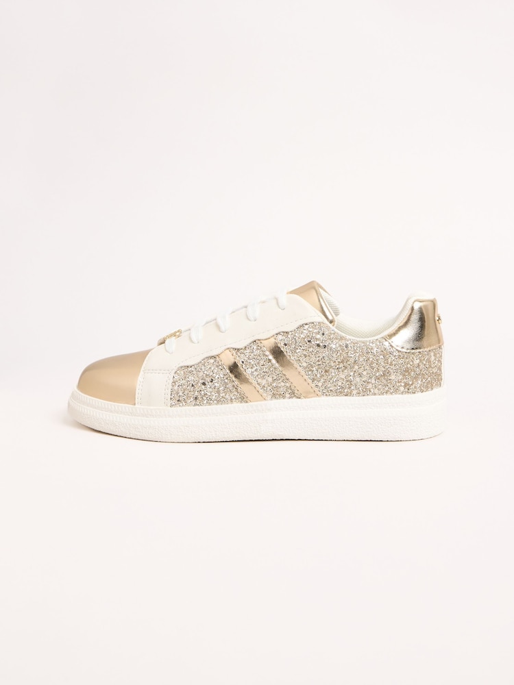 Lipsy Gold Slim Flat Sole Retro Lace Up Glitter Trainers - Image 5 of 5