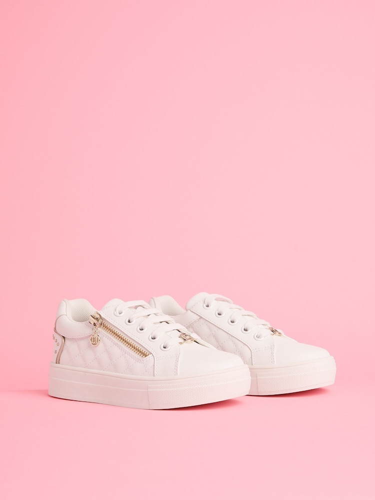 Lipsy White Quilted Lace Up Chunky Flatform Quilted Faux Leather Trainers - Image 2 of 5