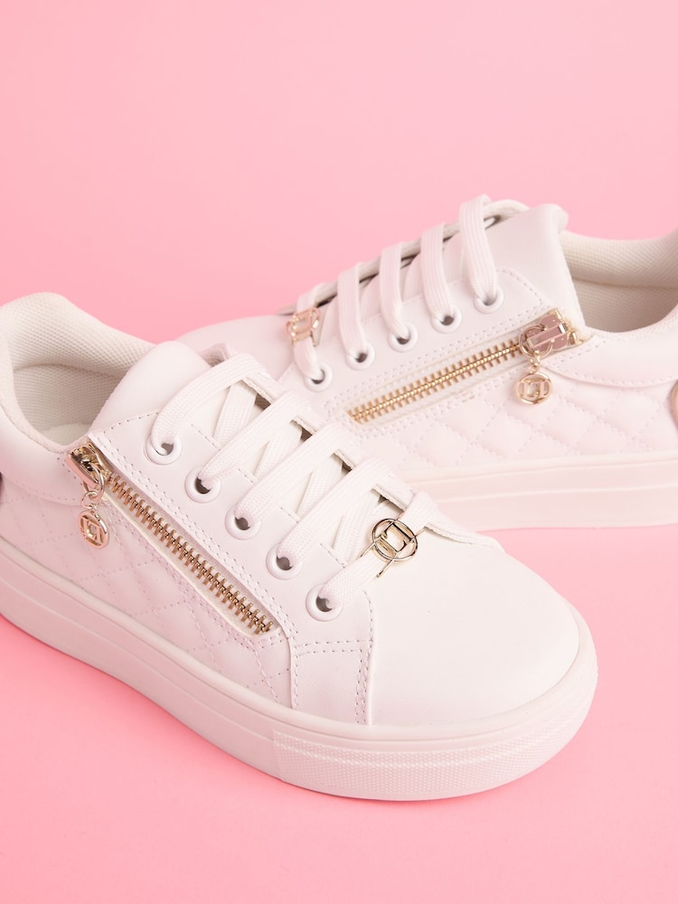 Lipsy White Quilted Lace Up Chunky Flatform Quilted Faux Leather Trainers - Image 3 of 5