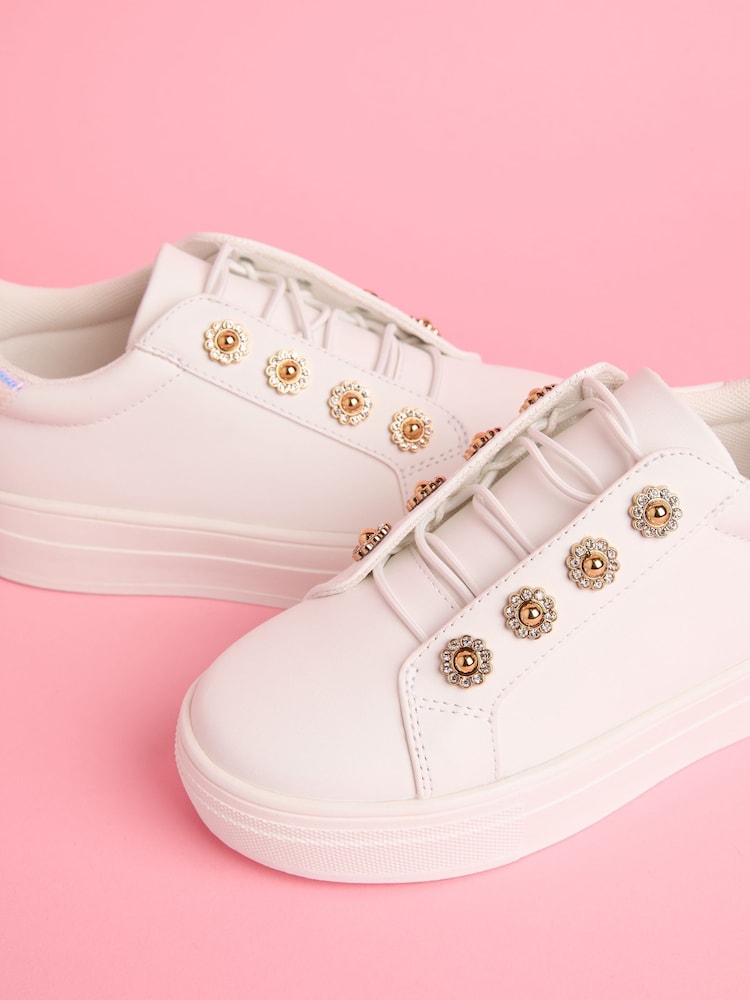 Lipsy White Lace Up Chunky Flatform Quilted Faux Leather Trainers - Image 3 of 5