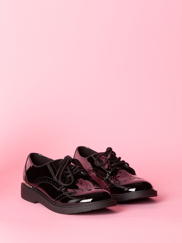 Lipsy Black Flat Patent Lace Up Brogue School Shoes - Image 2 of 5