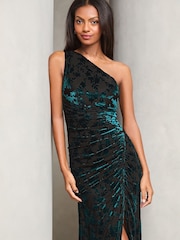 Lipsy Teal Velvet Devore One Shoulder Maxi Dress - Image 2 of 4