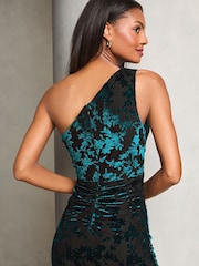 Lipsy Teal Velvet Devore One Shoulder Maxi Dress - Image 3 of 4