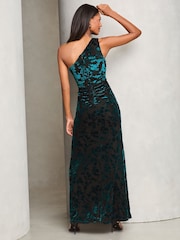 Lipsy Teal Velvet Devore One Shoulder Maxi Dress - Image 4 of 4