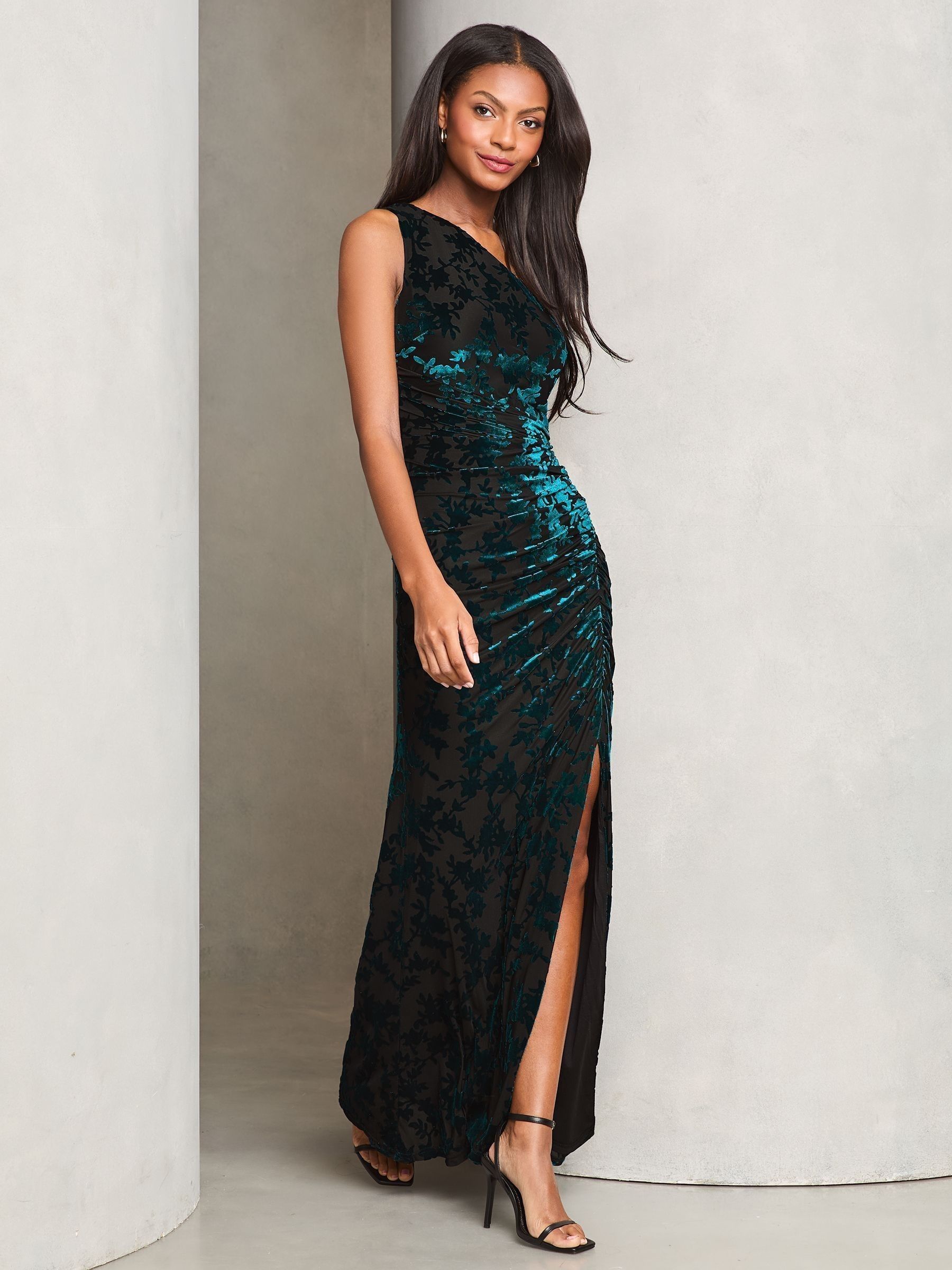 【超ポイントバック祭】 Buy Lipsy Teal Petite Velvet Devore One Shoulder Maxi Dress ワンピース