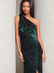 Lipsy Teal Petite Velvet Devore One Shoulder Maxi Dress - Image 2 of 4