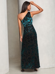Lipsy Teal Petite Velvet Devore One Shoulder Maxi Dress - Image 4 of 4