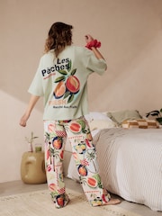 Sage Green Peaches 100% Cotton Short Sleeve Pyjamas - Image 1 of 7