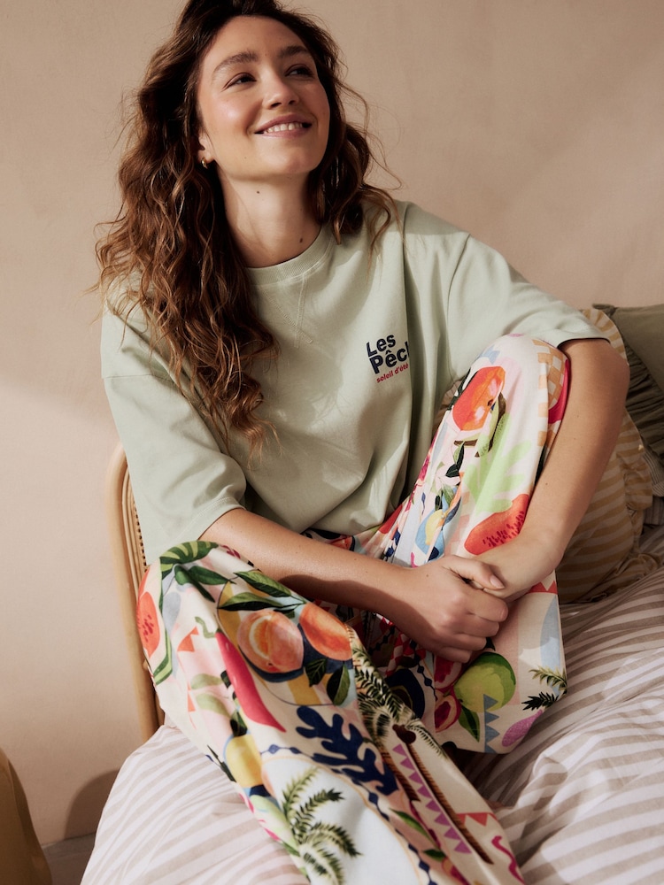 Sage Green Peaches 100% Cotton Short Sleeve Pyjamas - Image 7 of 7