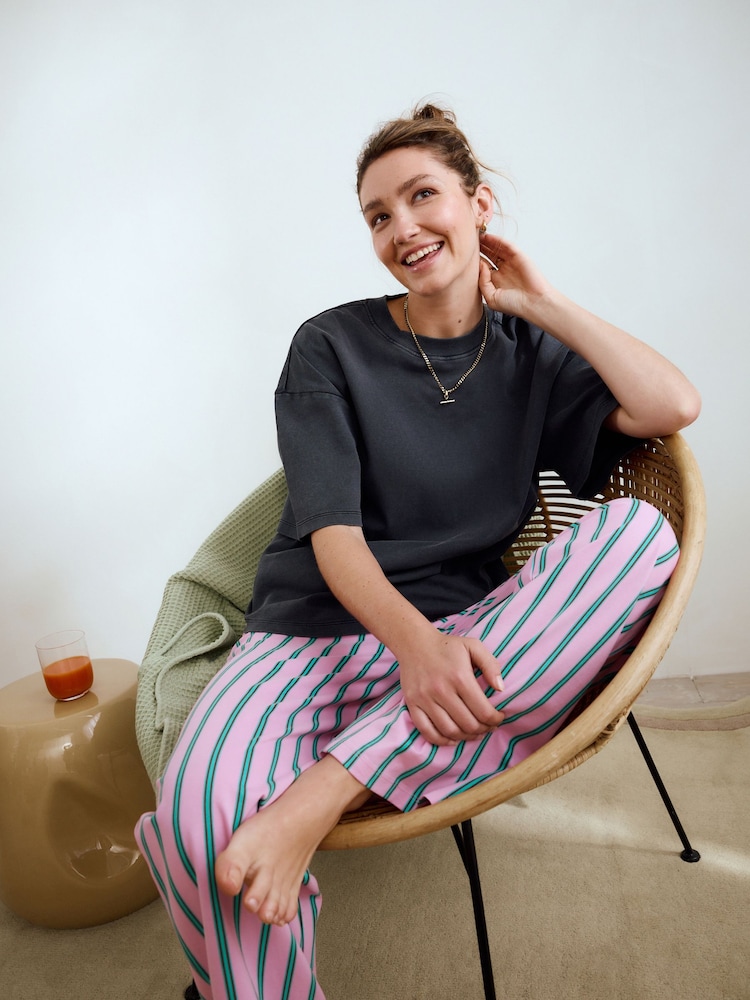 Grey/Pink Stripe 100% Cotton Short Sleeve Pyjamas - Image 2 of 7