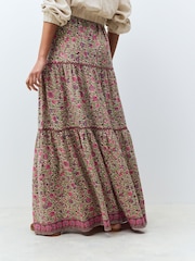 Green/Pink Flower Print 100% Cotton Tiered Maxi Skirt - Image 4 of 5