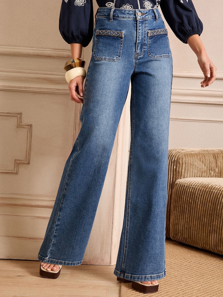Love & Roses Mid Wash Blue Patch Plait Pocket Wide Leg Jeans - Image 1 of 5