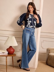Love & Roses Mid Wash Blue Patch Plait Pocket Wide Leg Jeans - Image 3 of 5