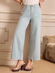 Love & Roses Bleach Wash Blue Double Button Waistband Crop Wide Leg Jeans - Image 1 of 5