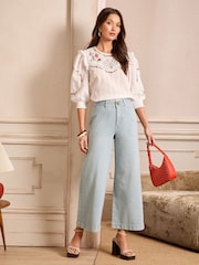 Love & Roses Bleach Wash Blue Double Button Waistband Crop Wide Leg Jeans - Image 3 of 5
