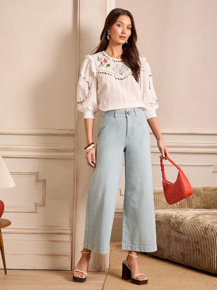 Love & Roses Light Blue Wash Double Button Waistband Crop Wide Leg Jeans - Image 3 of 5