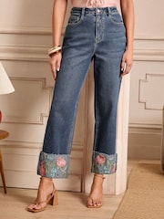 Love & Roses Turn Up Embroidered Mid Wash Blue Crop Wide Leg Jeans - Image 1 of 6