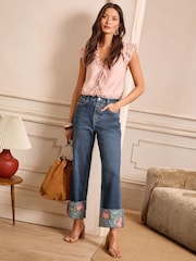 Love & Roses Turn Up Embroidered Mid Wash Blue Crop Wide Leg Jeans - Image 2 of 6