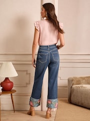 Love & Roses Turn Up Embroidered Mid Wash Blue Crop Wide Leg Jeans - Image 5 of 6