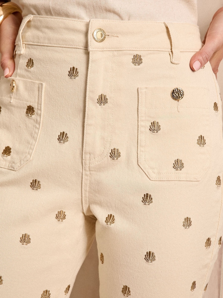 Love & Roses Ecru With Gold Shell Embroidery Crop Straight Leg Jeans With Patch Pocket - Image 3 of 5