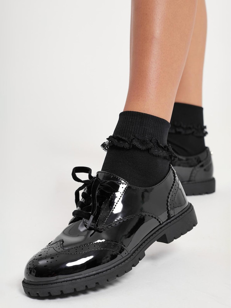 Lipsy Black Wide Fit (G) Chunky Lace Up Brogue School Shoes - Image 2 of 5