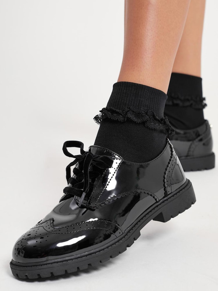 Lipsy Black Narrow Fit (E) Chunky Lace Up Brogue School Shoes - Image 2 of 5