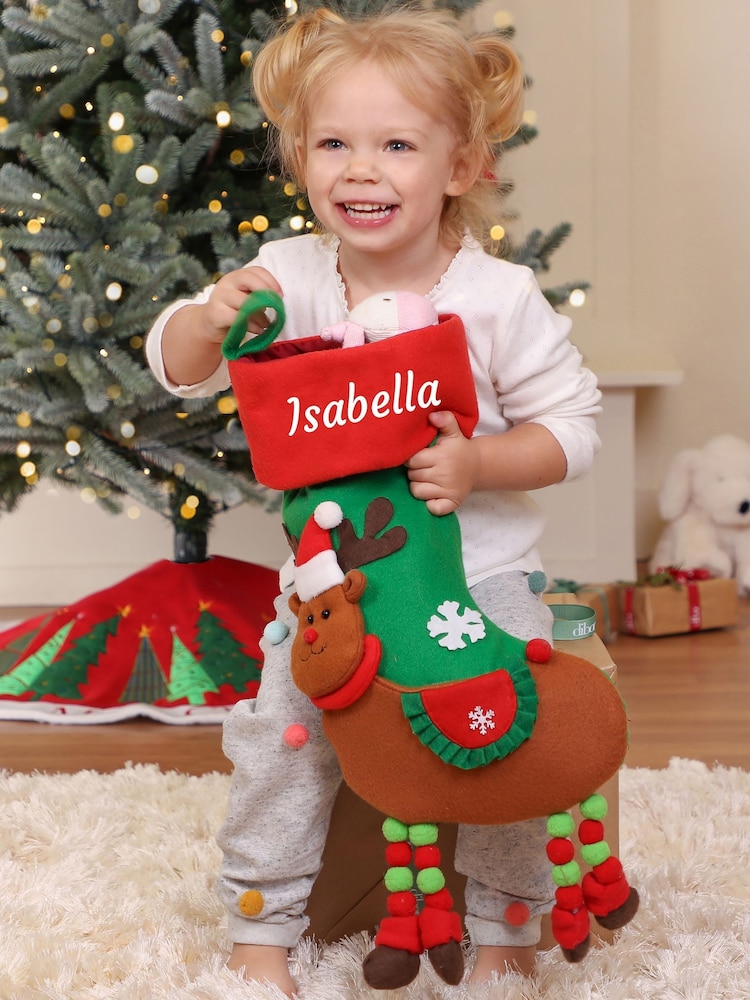 Personalised Green 3D Animated Reindeer Christmas Stocking by Dibor - Image 2 of 3
