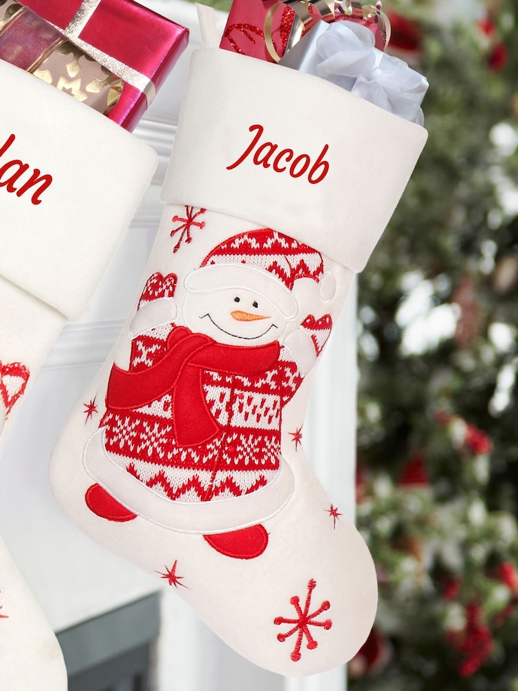 Personalised White Snowman Character Christmas Stockings by Dibor - Image 1 of 4