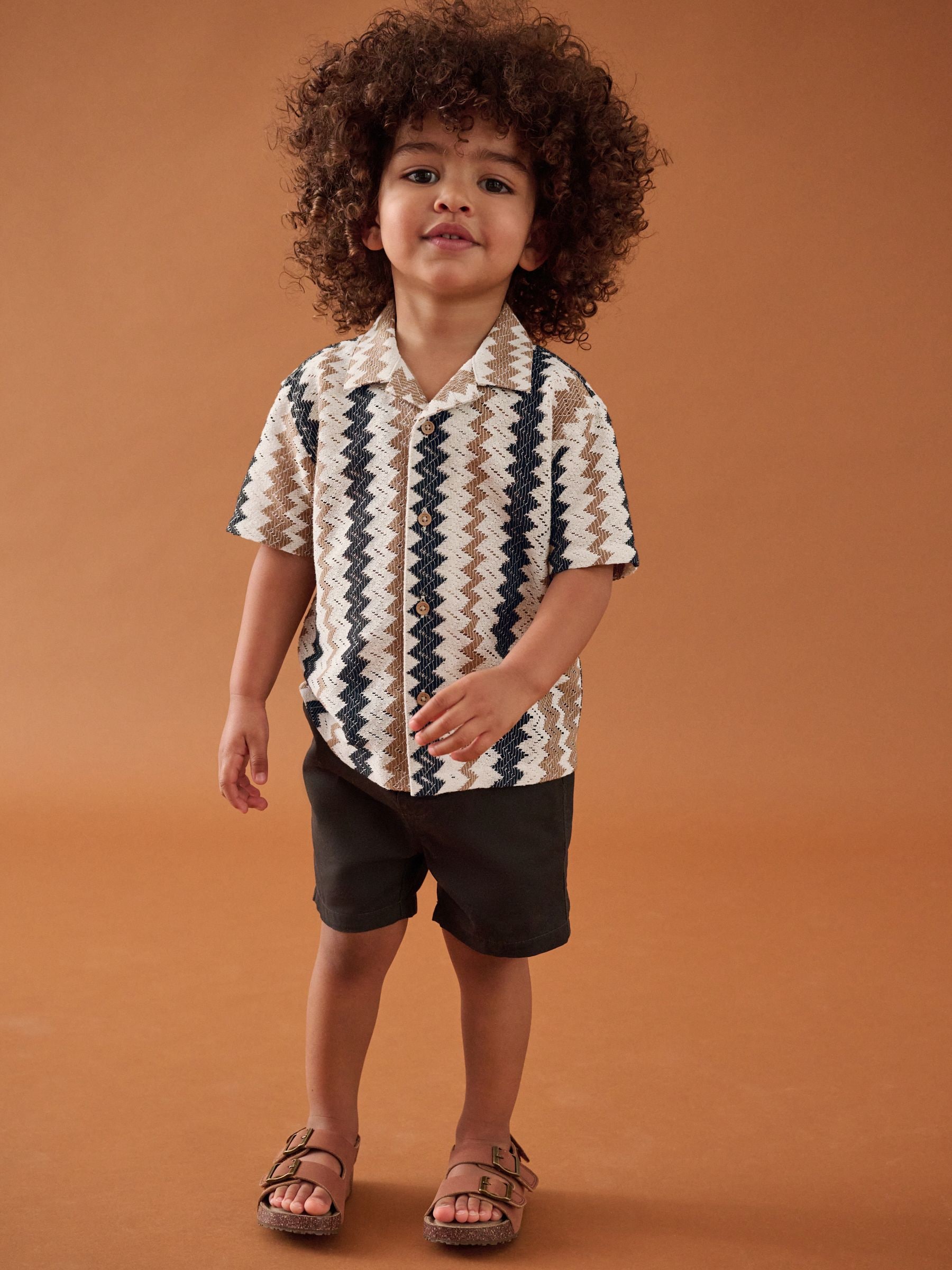 Buy Brown Zig Zag Stripe Short Sleeves Textured Shirt (3mths-7yrs