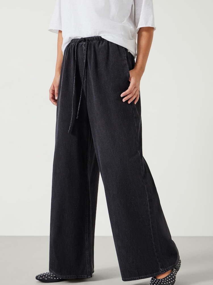 Hush Black Clio Wide Leg Tie Waist 100% Cotton Jeans - Image 1 of 5
