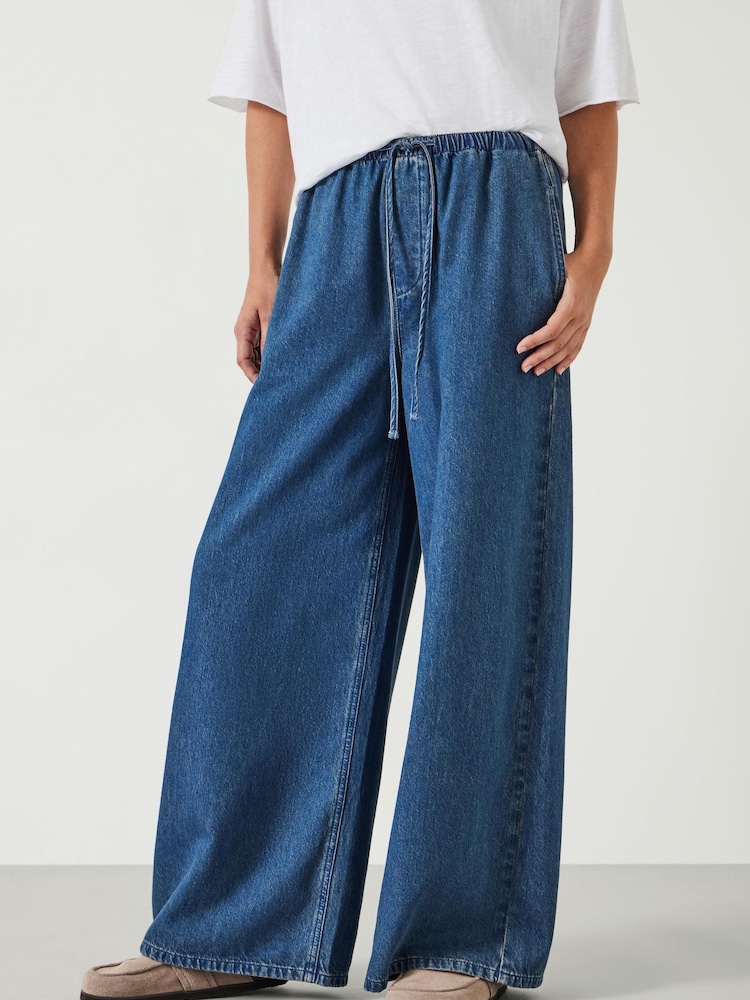 Hush Blue Clio Wide Leg Tie Waist 100% Cotton Jeans - Image 1 of 5