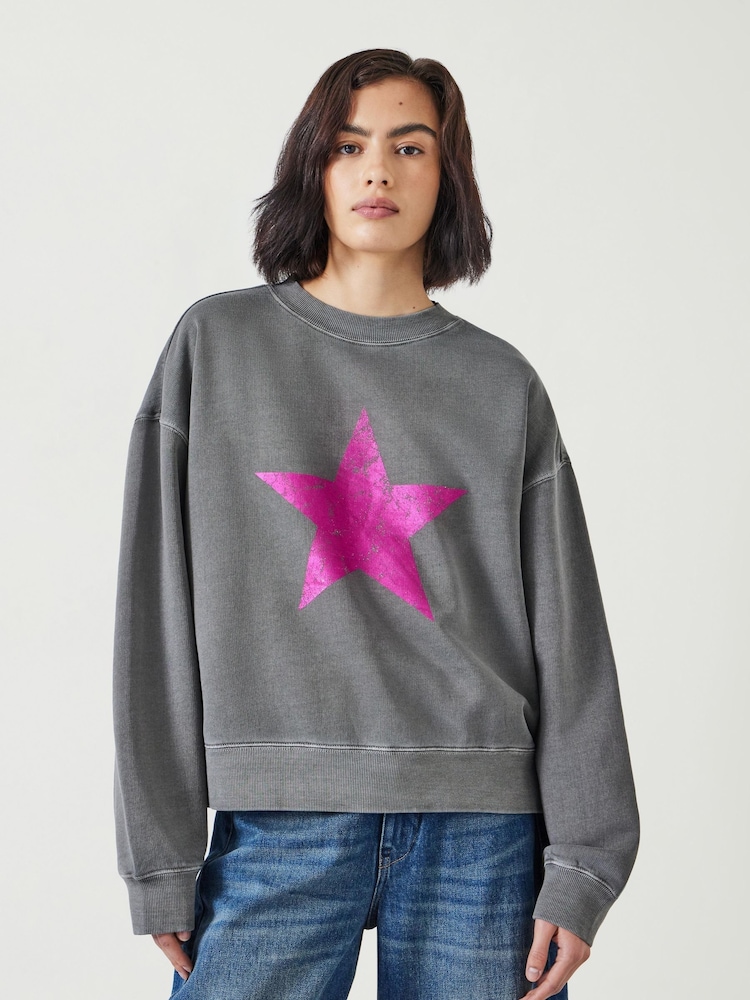 Hush Pink Relaxed Roxy Metallic Star 100% Cotton Sweatshirt - Image 1 of 4