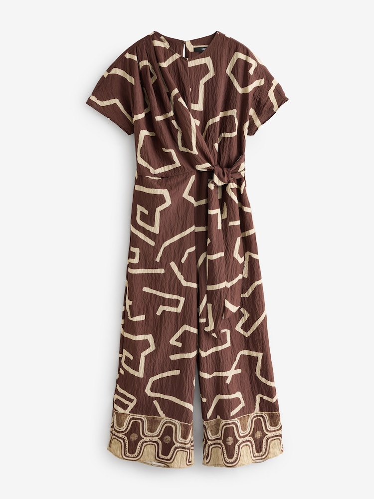 Brown Geo Print Tie Waist Detail Jumpsuit - Image 4 of 6