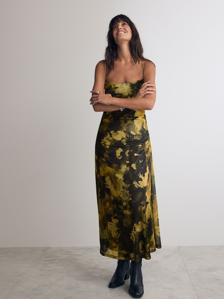 Khaki Green Camo Print Mesh Floral Cami Slip Dress - Image 1 of 6