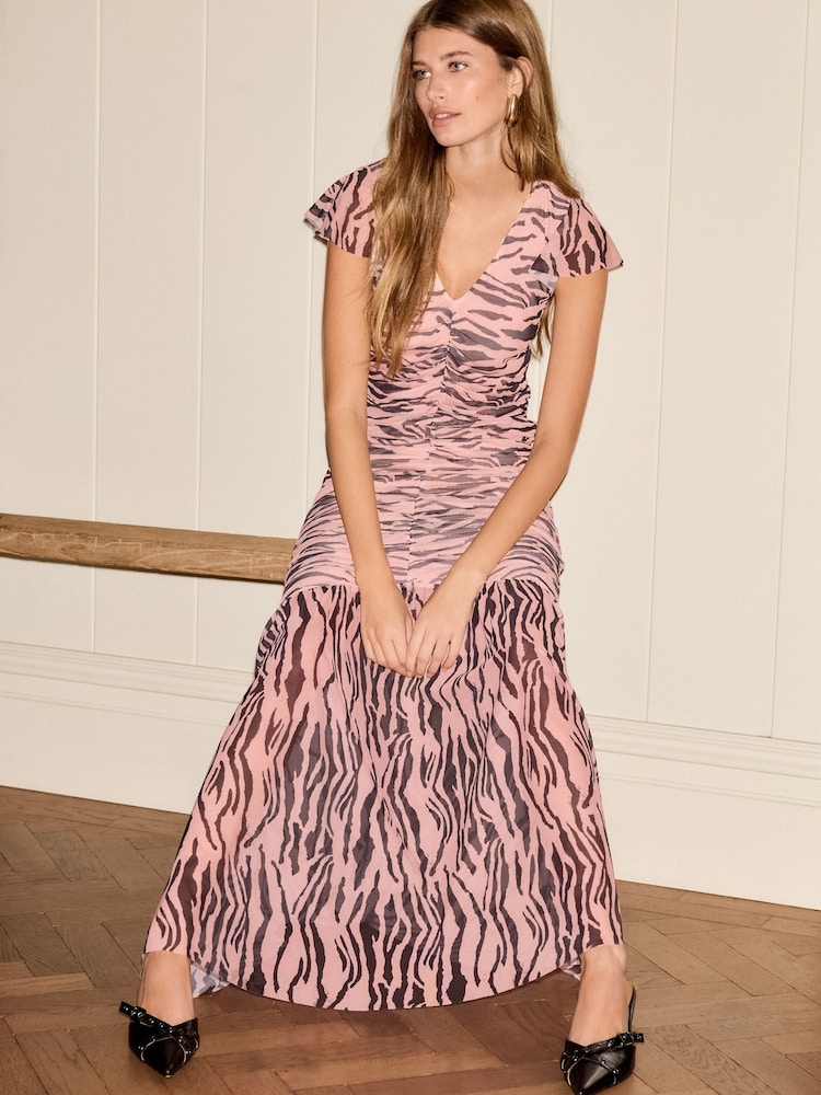 Pink and Black Zebra Print Flutter Sleeve V-Neck Ruched Front Mesh Maxi Dress - Image 2 of 7