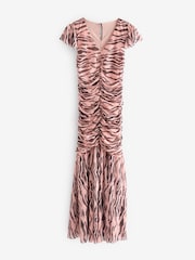 Pink and Black Zebra Print Flutter Sleeve V-Neck Ruched Front Mesh Maxi Dress - Image 5 of 7