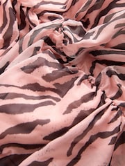 Pink and Black Zebra Print Flutter Sleeve V-Neck Ruched Front Mesh Maxi Dress - Image 6 of 7