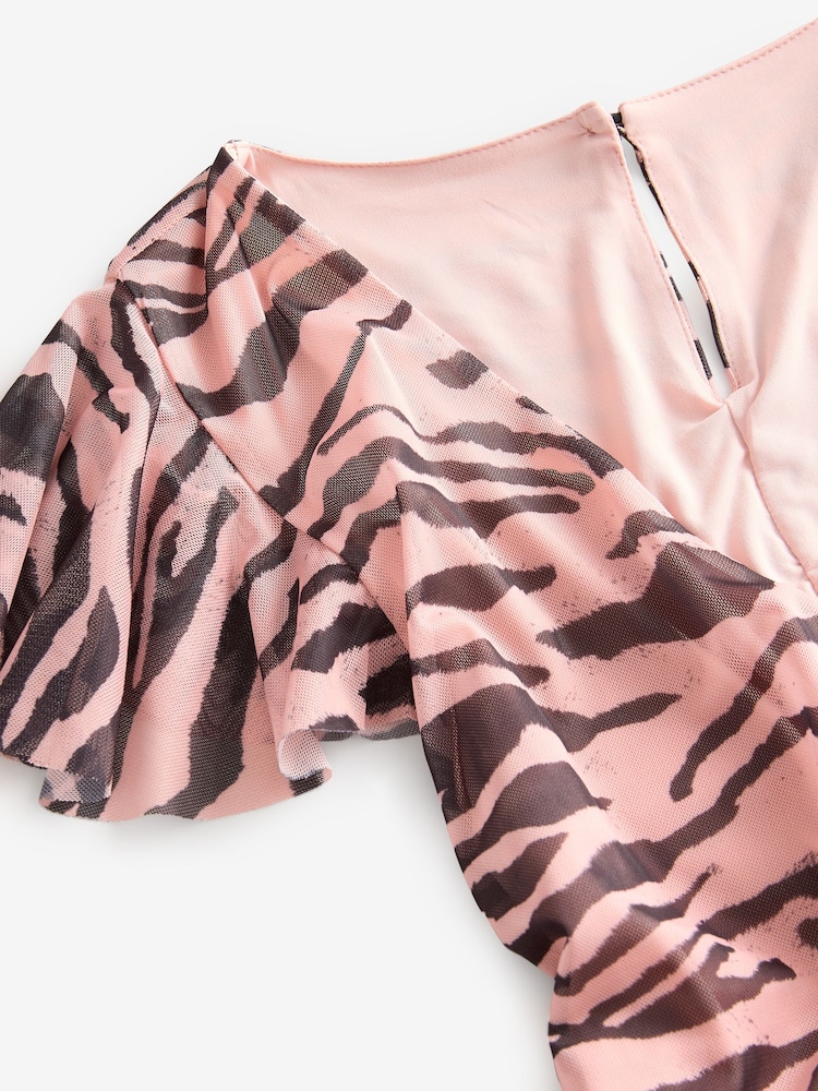 Pink and Black Zebra Print Flutter Sleeve V-Neck Ruched Front Mesh Maxi Dress - Image 7 of 7