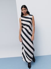 Black and Neutral Stripe Sleeveless Satin Drape Waist Detail Midi Dress - Image 1 of 6