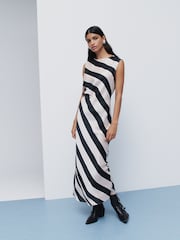 Black and Neutral Stripe Sleeveless Satin Drape Waist Detail Midi Dress - Image 2 of 6