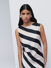 Black and Neutral Stripe Sleeveless Satin Drape Waist Detail Midi Dress - Image 3 of 6