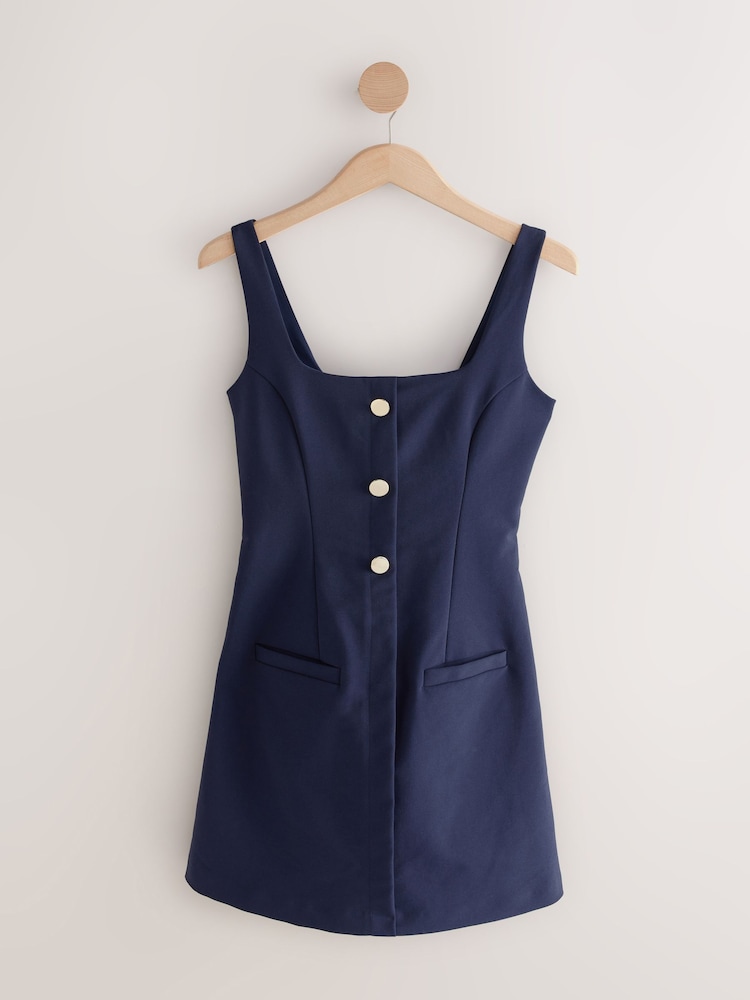 Navy Blue Square Neck Gold Button Mini Dress - Image 1 of 3 Navy Blue Square Neck Gold Button Mini Dress - Image 1 of 3