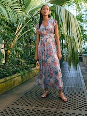 Blue Floral Pleated Mesh Print V-Neck Occasion Midi Dress - Image 1 of 7