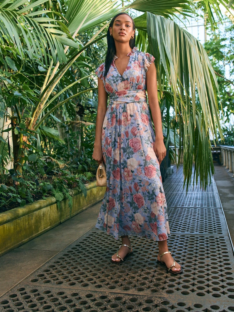 Blue Floral Pleated Mesh Print V-Neck Occasion Midi Dress - Image 1 of 7