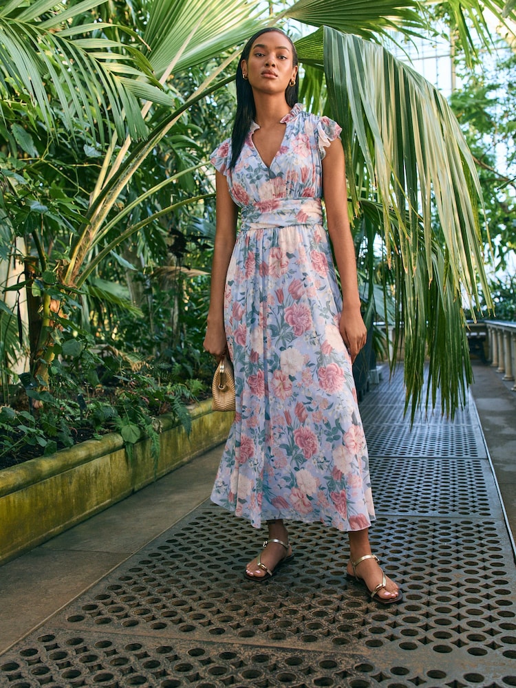 Kew Kollektion, Blau, Floralmuster - Plissiertes Midikleid aus Netzstoff mit V-Ausschnitt und Print für besondere Anlässe - Bild 1 von 7 Kew Kollektion, Blau, Floralmuster - Plissiertes Midikleid aus Netzstoff mit V-Ausschnitt und Print für besondere Anlässe - Bild 1 von 7