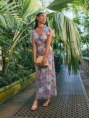 Blue Floral Pleated Mesh Print V-Neck Occasion Midi Dress - Image 2 of 7