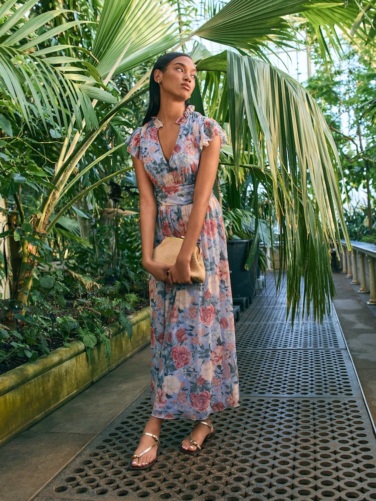 Blue Floral Pleated Mesh Print V-Neck Occasion Midi Dress - Image 2 of 7